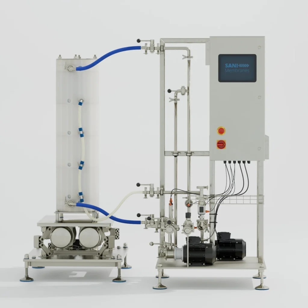 Product image of an industrial-size Vibro filtration unit by Sani Membranes connected to its matching feed system