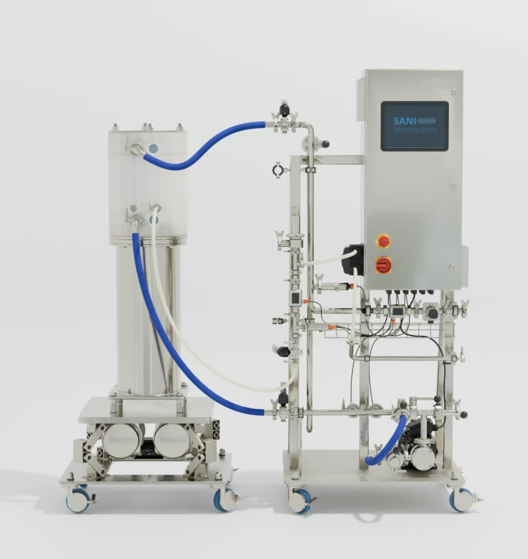 Product image of an industrial-size Vibro filtration unit by Sani Membranes connected to its matching feed system
